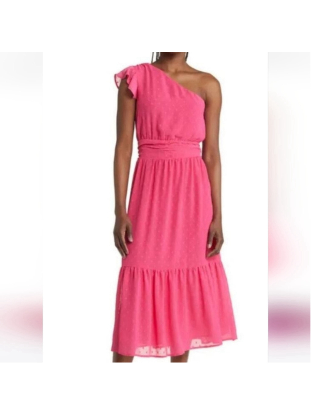 Chelsea28 One Shoulder Swiss Dot Pink Midi Dress NWOT